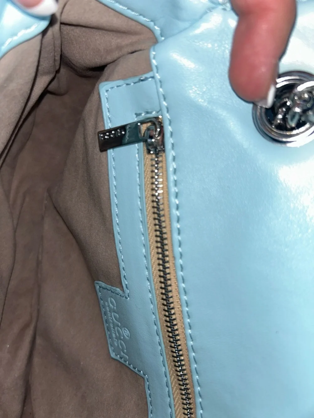 Light Blue Chevron Quilted Shoulder Bag with Silver Hardware and Dust Bag - Picture 10 of 13